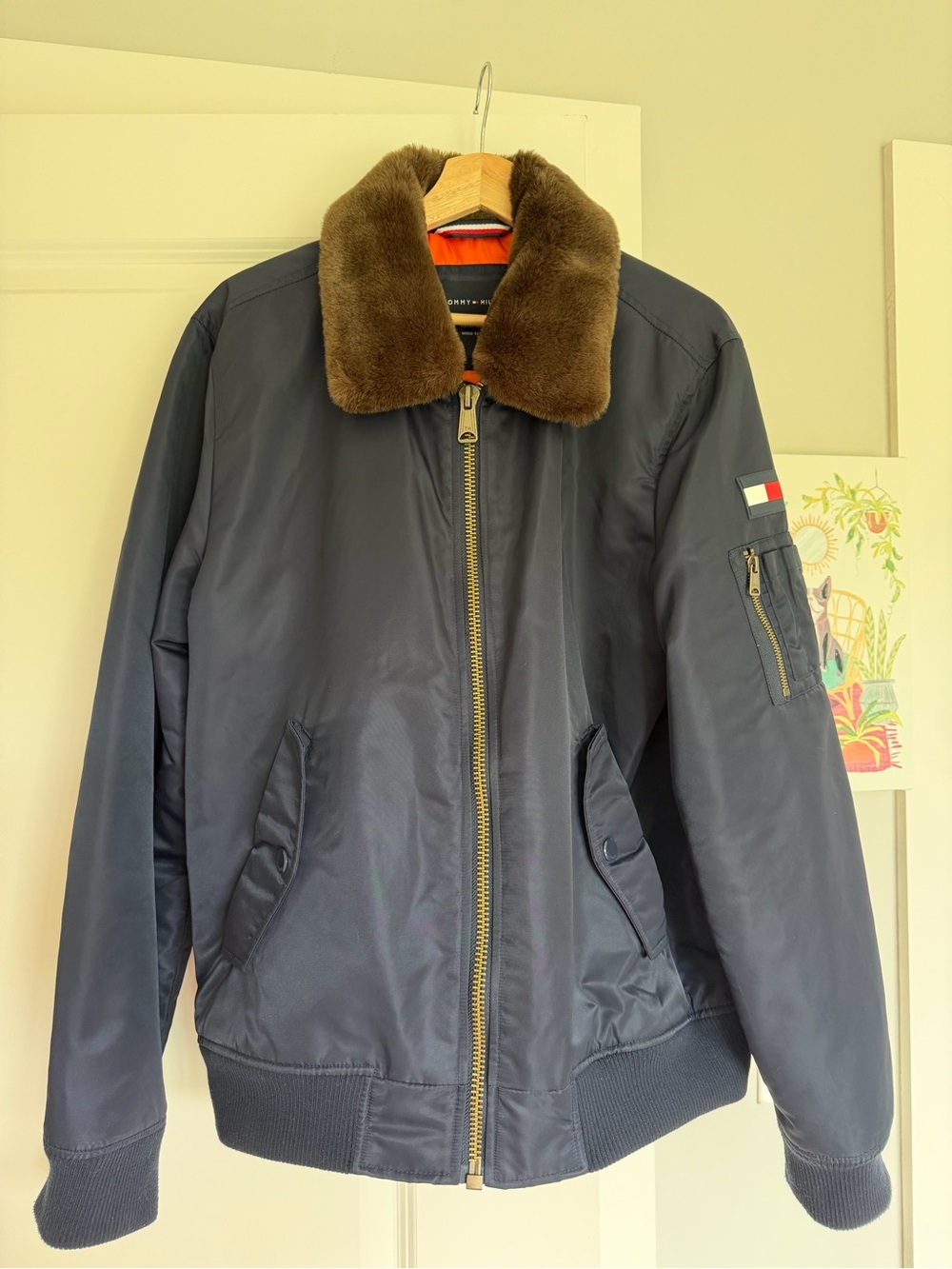 Tommy Hilfiger Navy Bomber Jacket with Brown Faux-Fur Collar.
